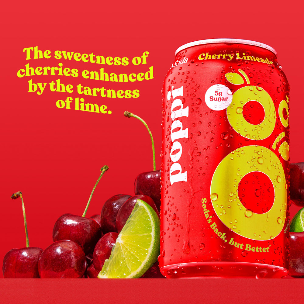 Poppi Cherry Limeade poured into a glass with bubbles for a refreshing soda-like experience