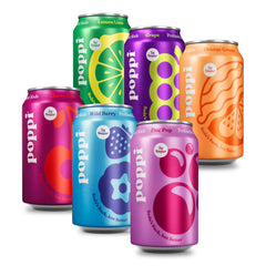 Poppi front packaging of Crowd Pleasers 12-pack showing mixed flavors and cans, convenient variety