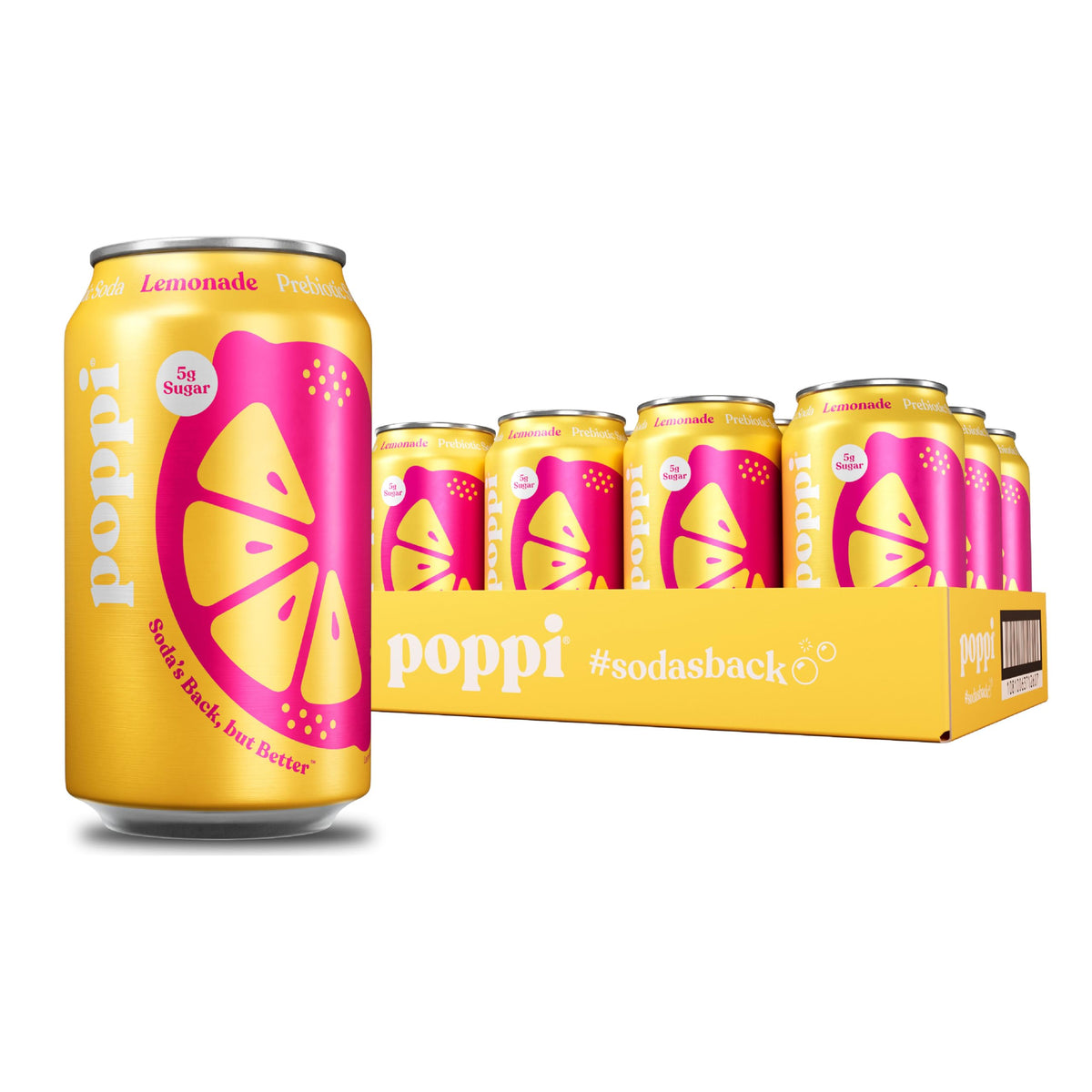 poppi front can showing lemonade design and benefit of refreshing flavor