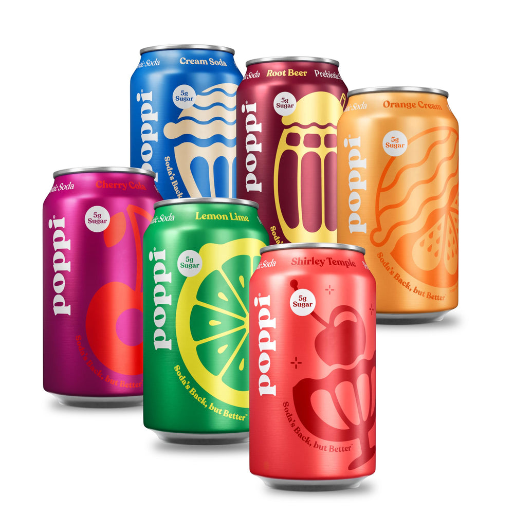 poppi major mix front packaging showing all twelve cans and flavors benefits variety