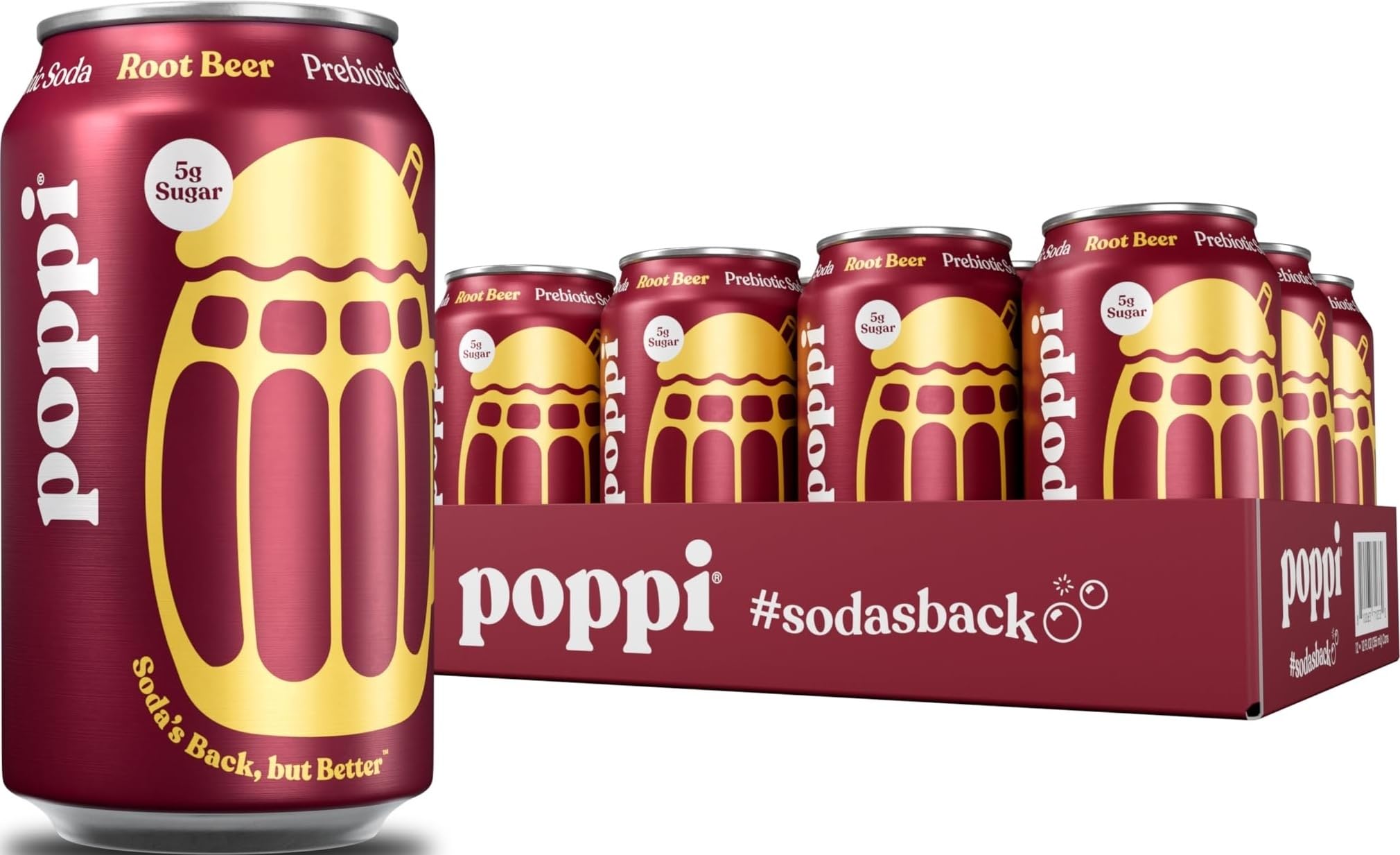 poppi root beer front packaging showing 12-pack and vibrant label, eye-catching shelf presence