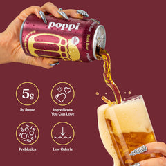 poppi root beer can held by hand for scale, demonstrating convenient 12 oz portion