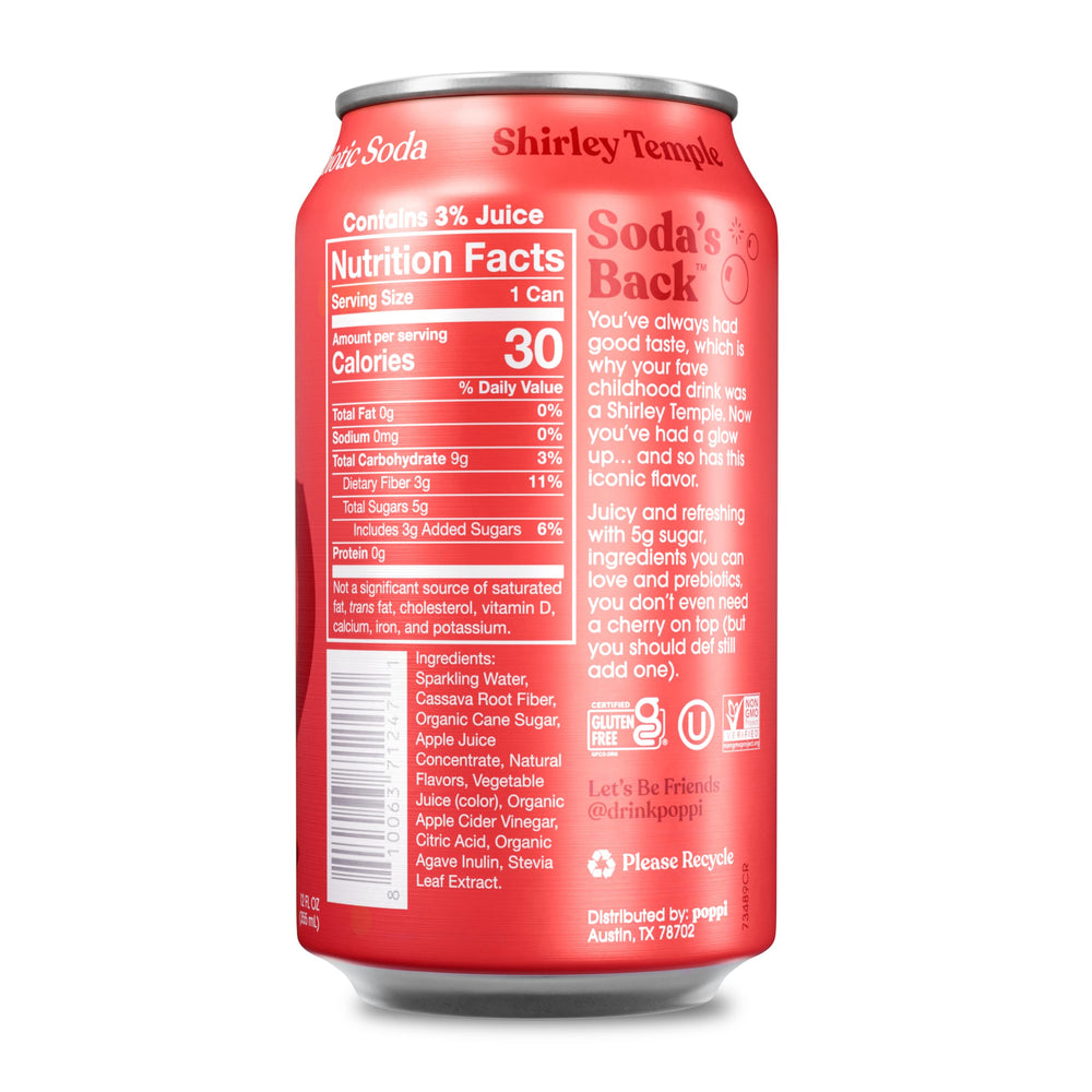poppi close-up of single Shirley Temple can highlighting bubbly texture and refreshing look
