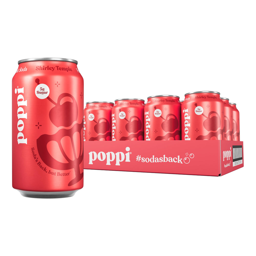 poppi front packaging showing 12-pack and vibrant Shirley Temple branding for convenience