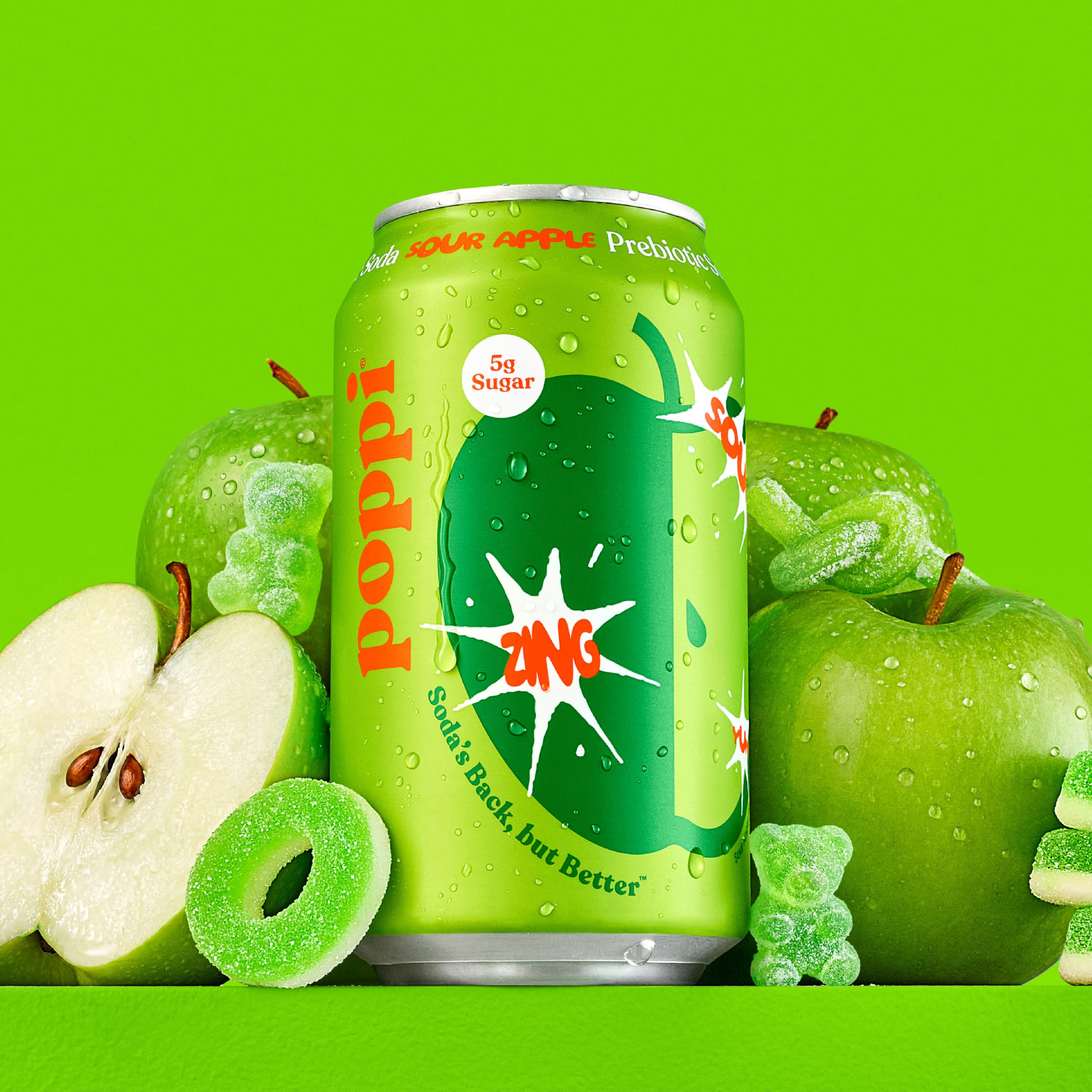 poppi sour apple can in fridge scale shot showing convenient single-serve storage