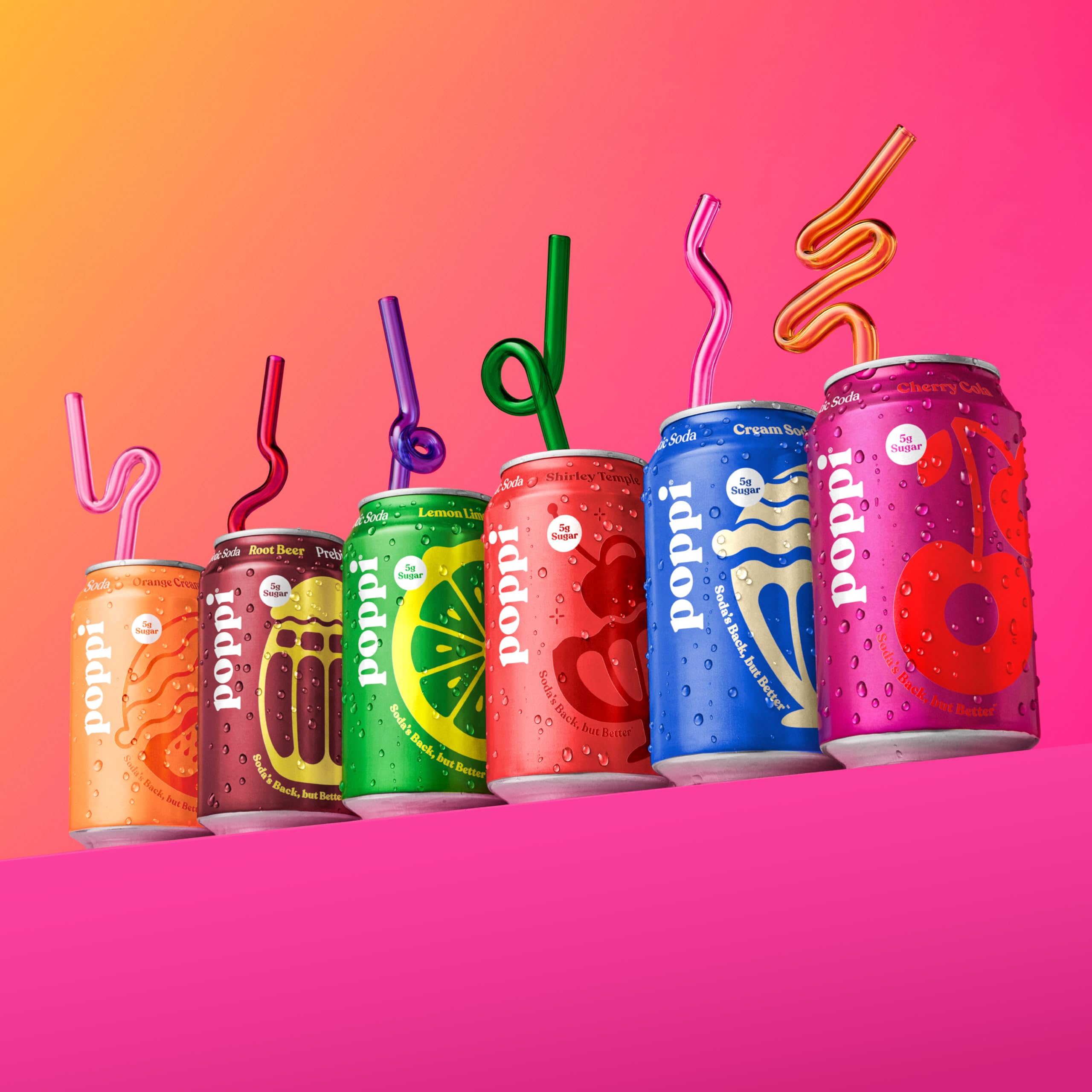 poppi variety laid out top-down showing six flavors for easy selection benefit