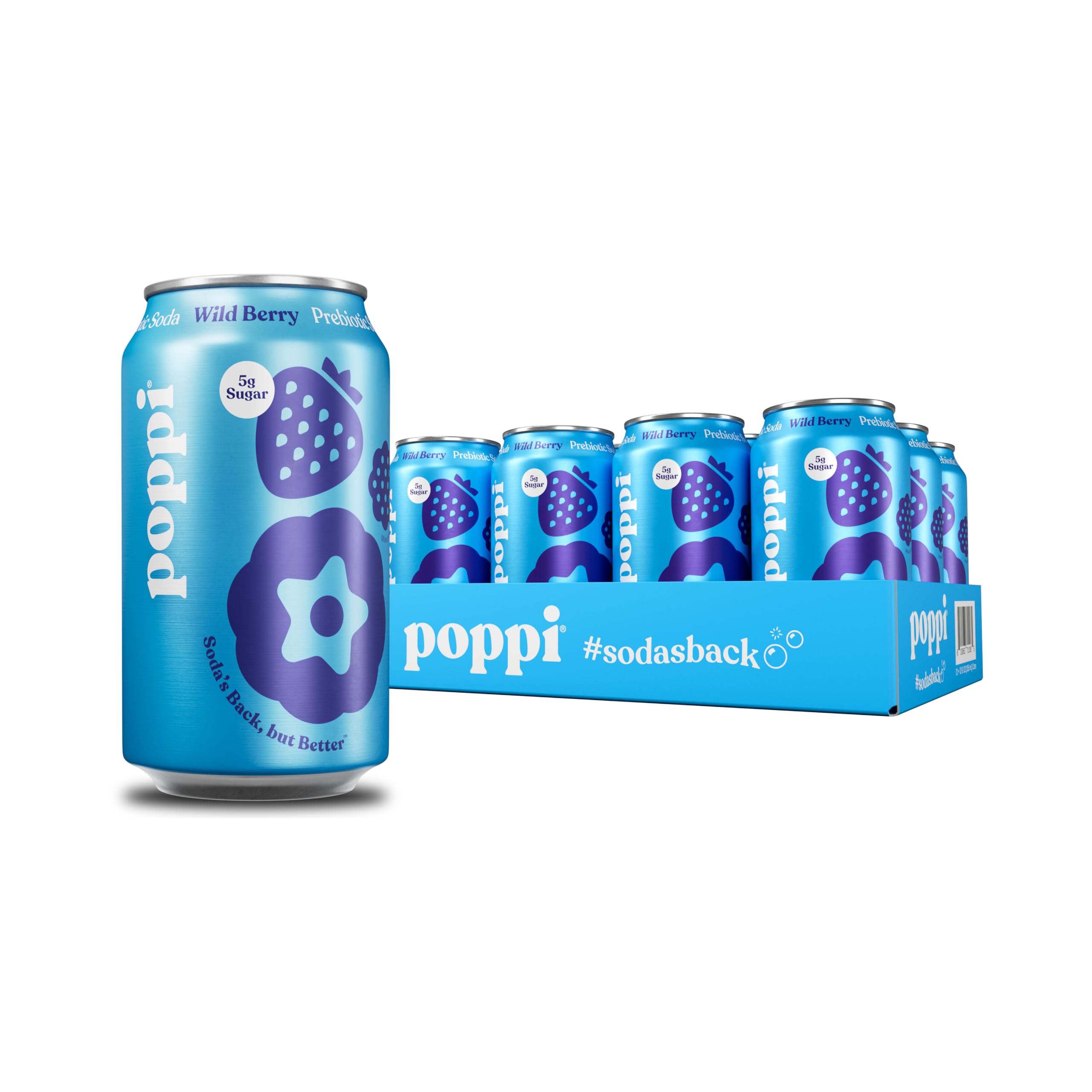 poppi Wild Berry front packaging showing 12-pack cans and bright berry design, refreshment-ready