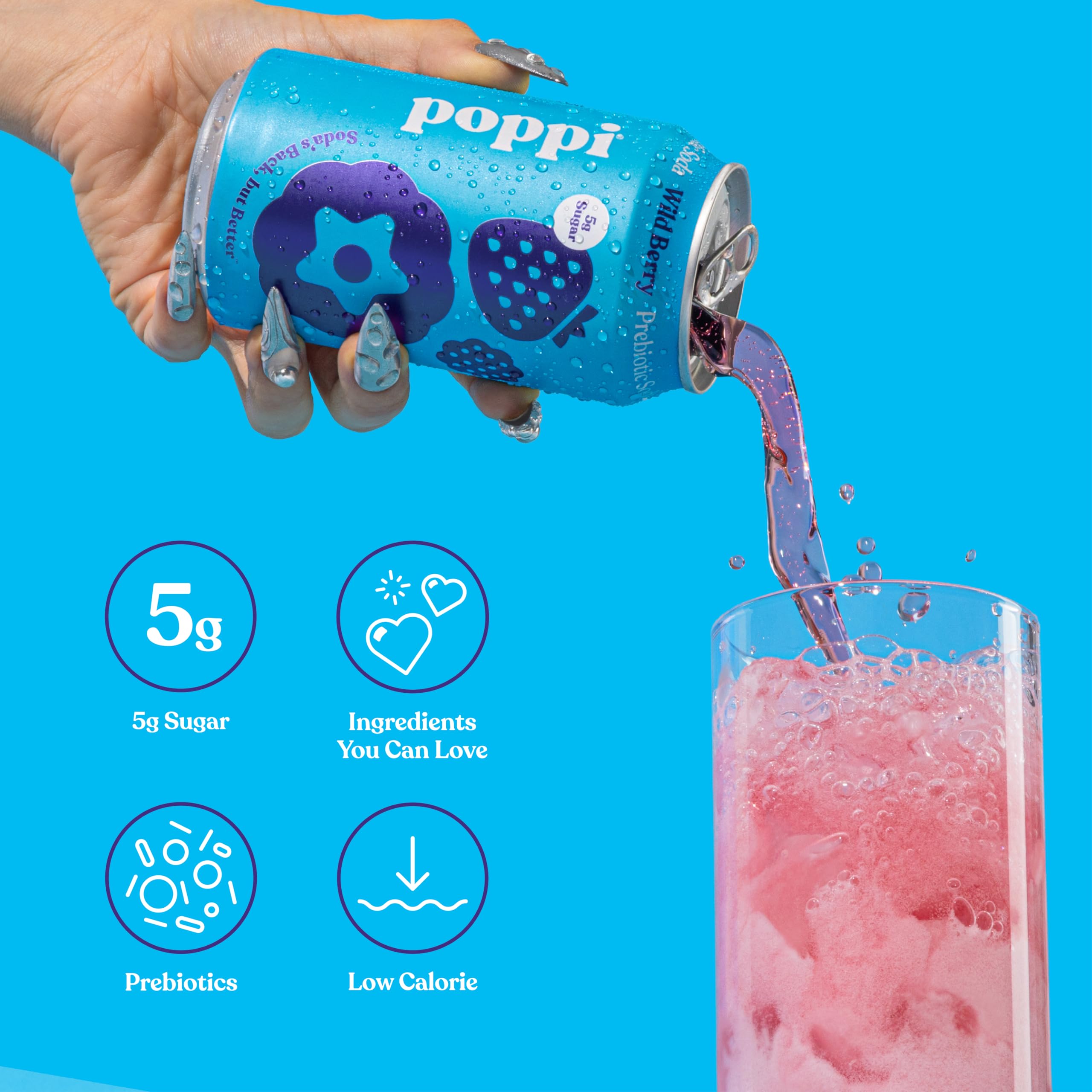 poppi Wild Berry 12-pack in fridge next to fruit for scale, demonstrating convenient stocking