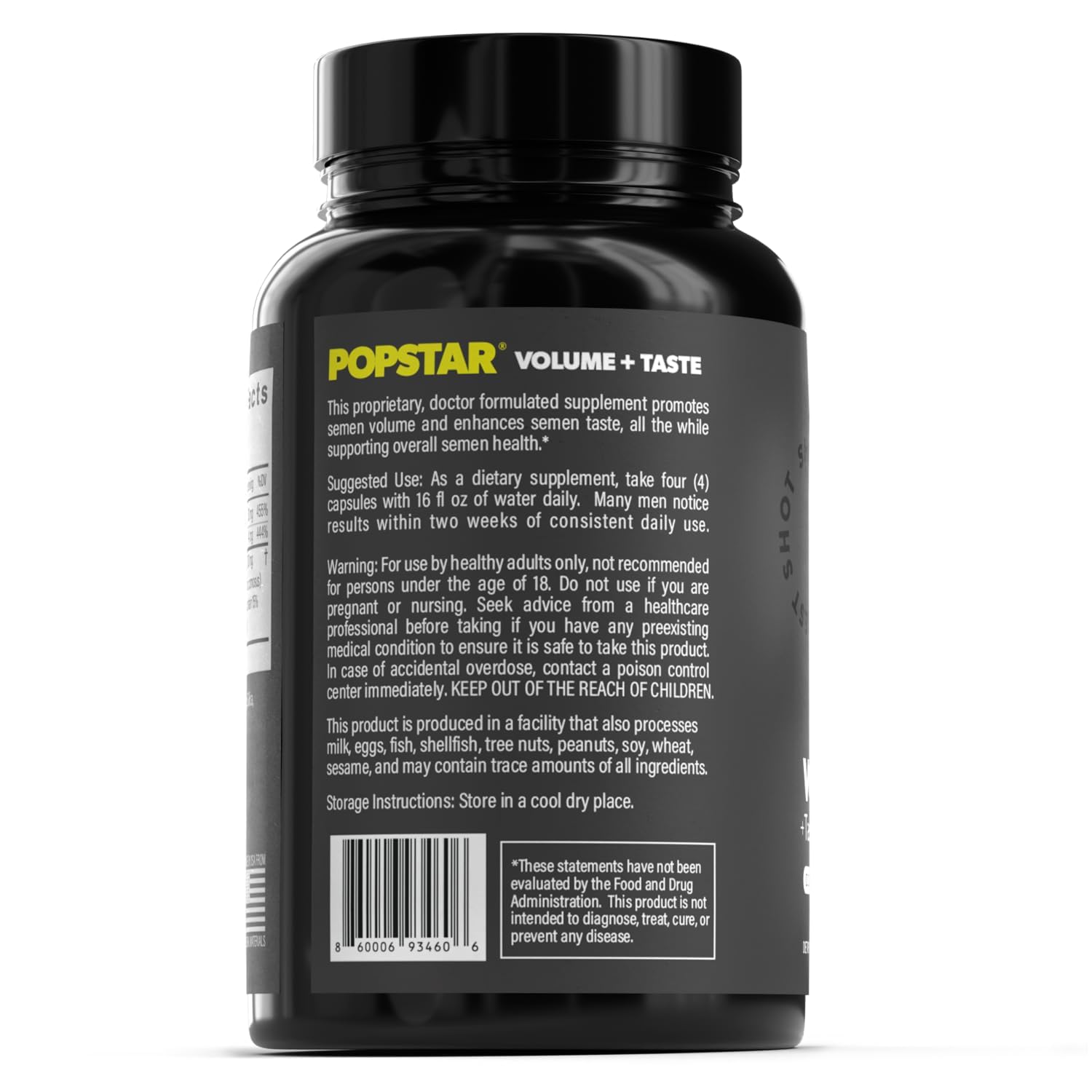POPSTAR close-up of supplement facts label and clear ingredient list