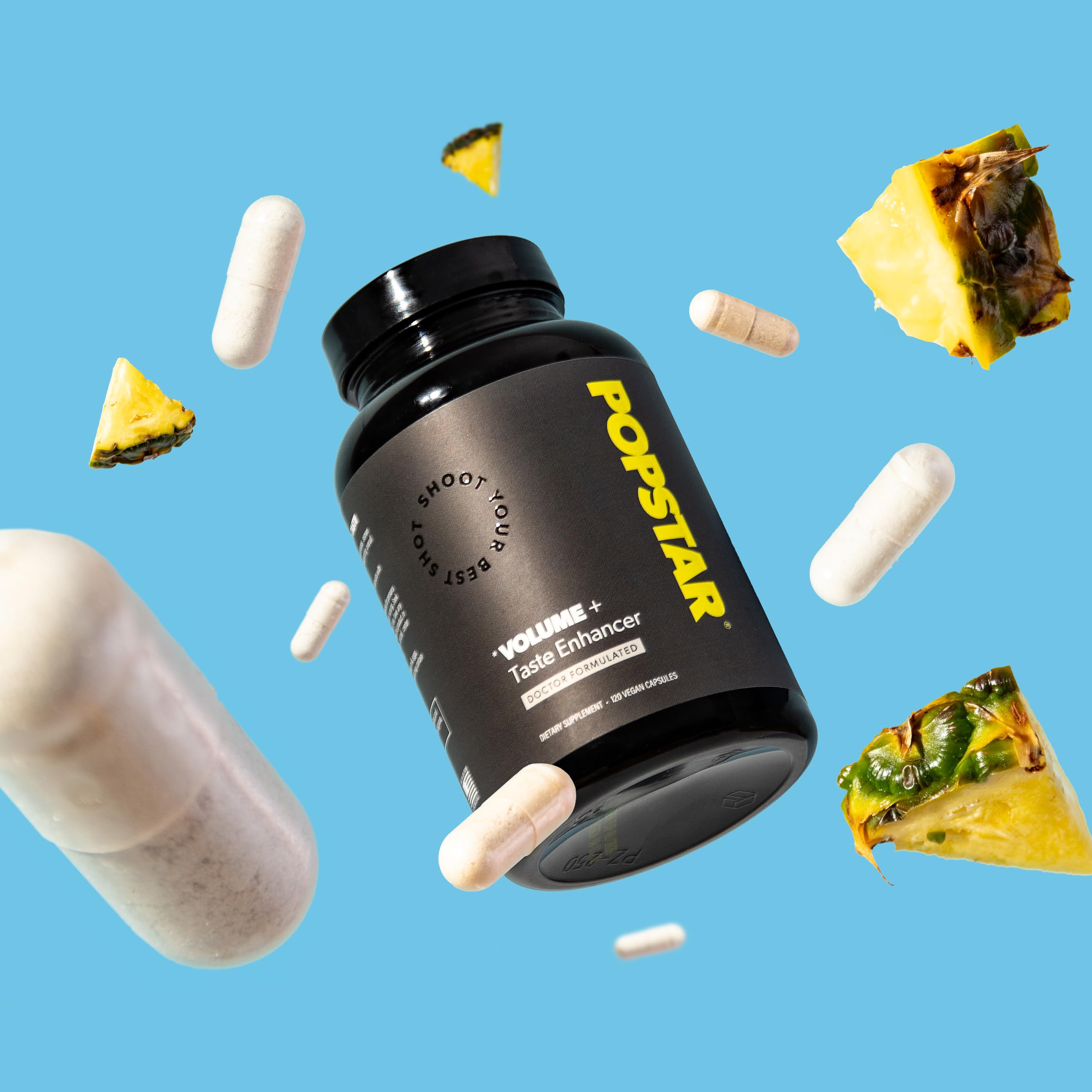 POPSTAR ingredient powders and botanicals arranged to show formulation