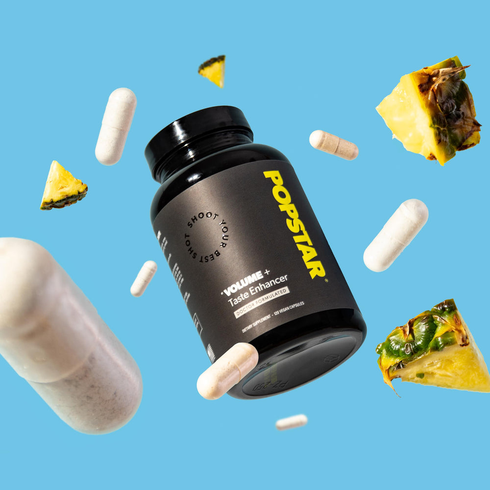 POPSTAR ingredient powders and botanicals arranged to show formulation
