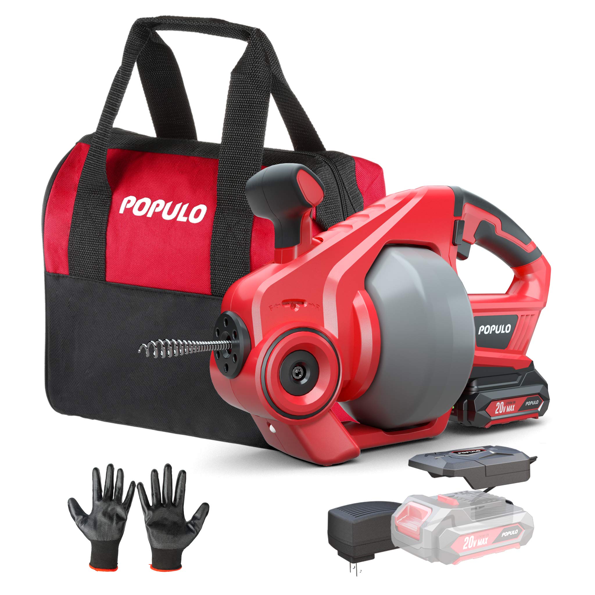 populo front view of cordless drain auger showing compact design and portability benefit