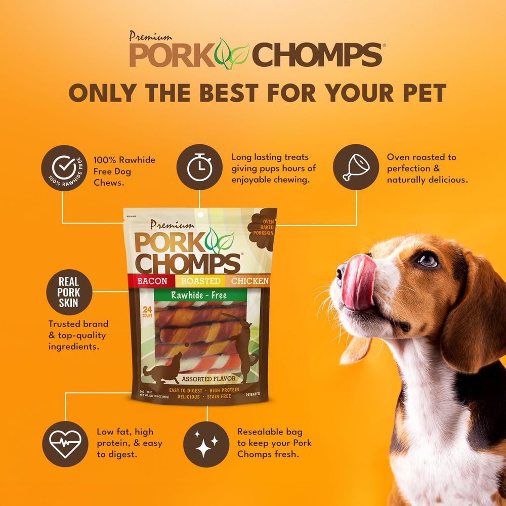 Pork Chomps assorted flavors display conveying variety and taste benefit