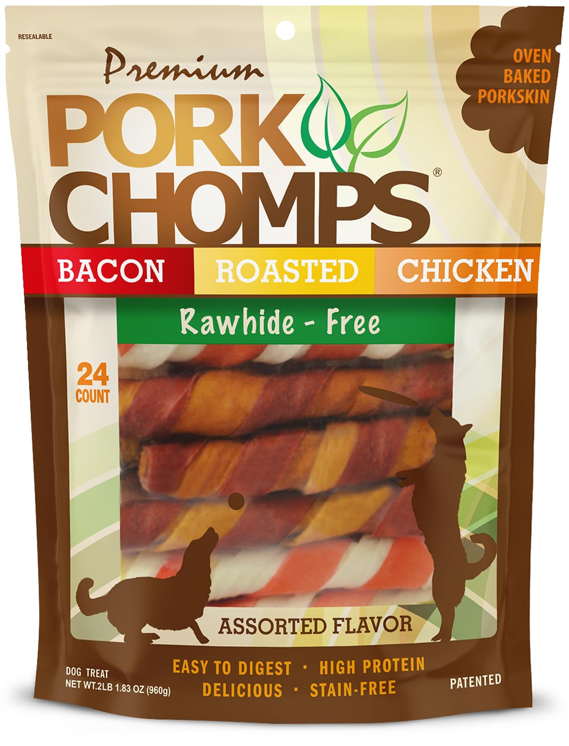 Pork Chomps front packaging showing product and freshness seal benefits