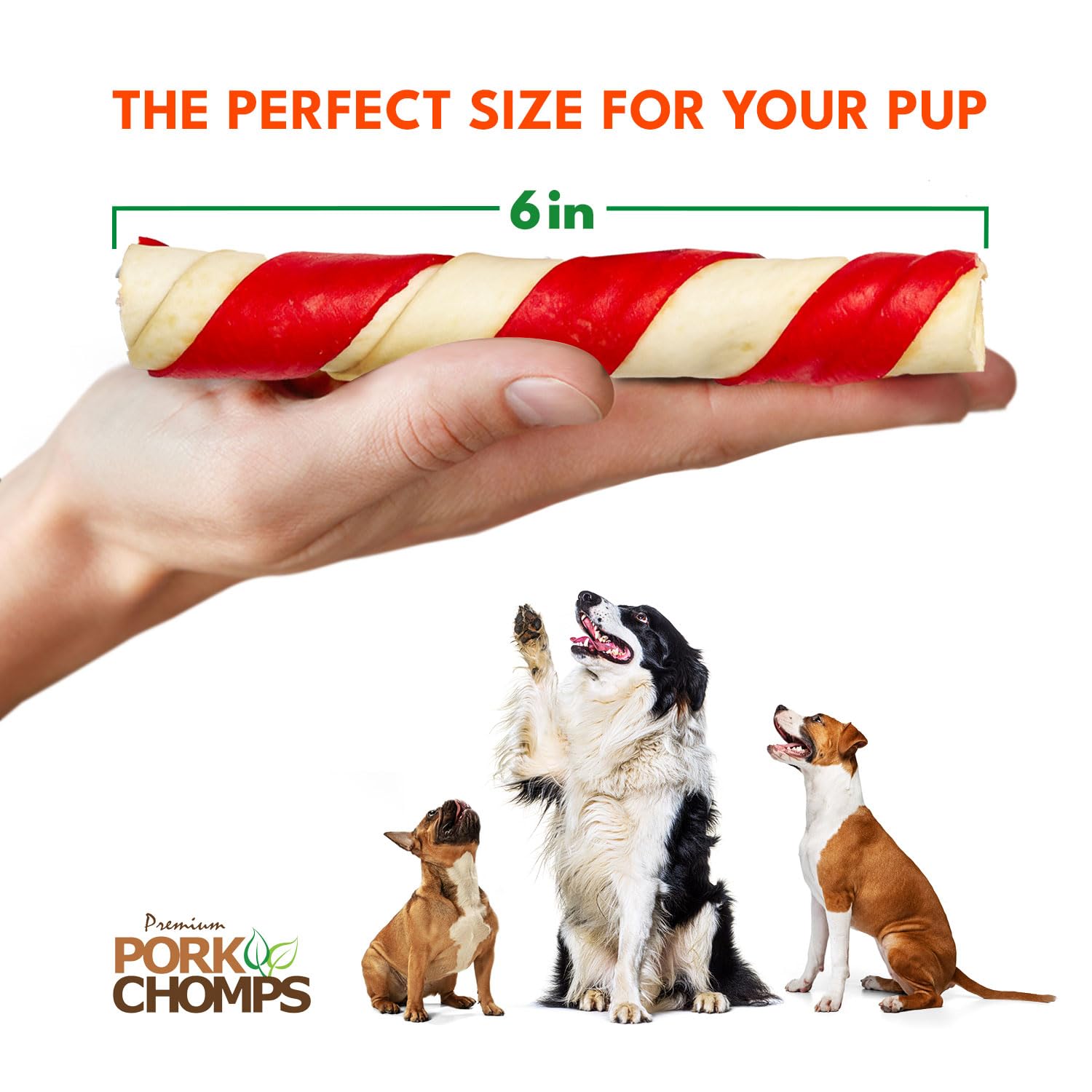 Pork Chomps twist in dog mouth showing engagement and satisfaction benefit