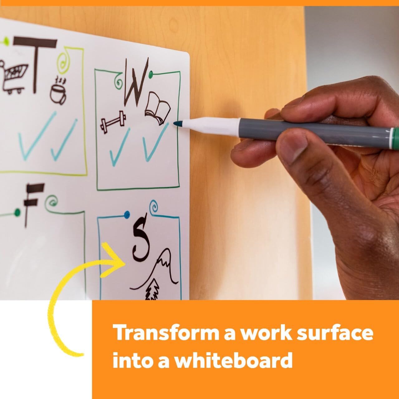 Post-it film on interior door providing portable whiteboard benefit
