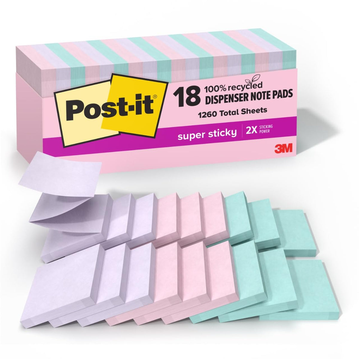 Post-it front packaging showing Wanderlust Oasis colors and eco benefits