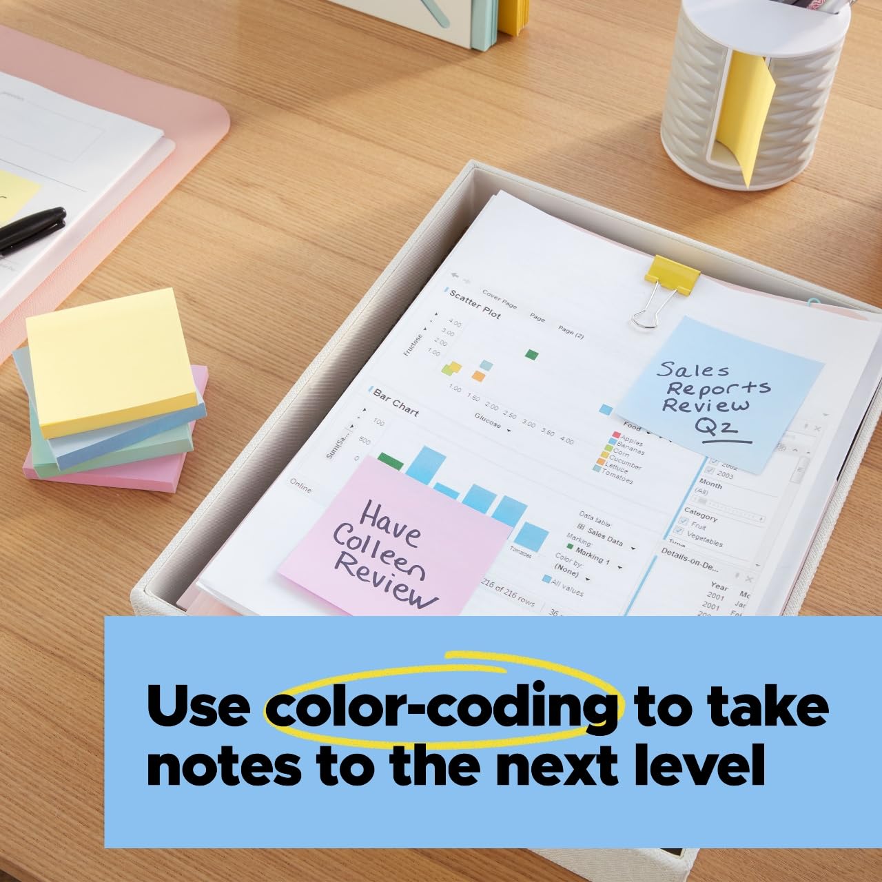 Post-it notes arranged on a desk showing organization and color-coding