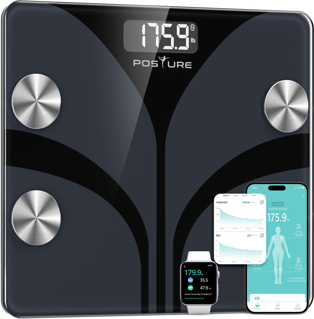Posture front view scale on floor showing sleek design and easy readout benefit