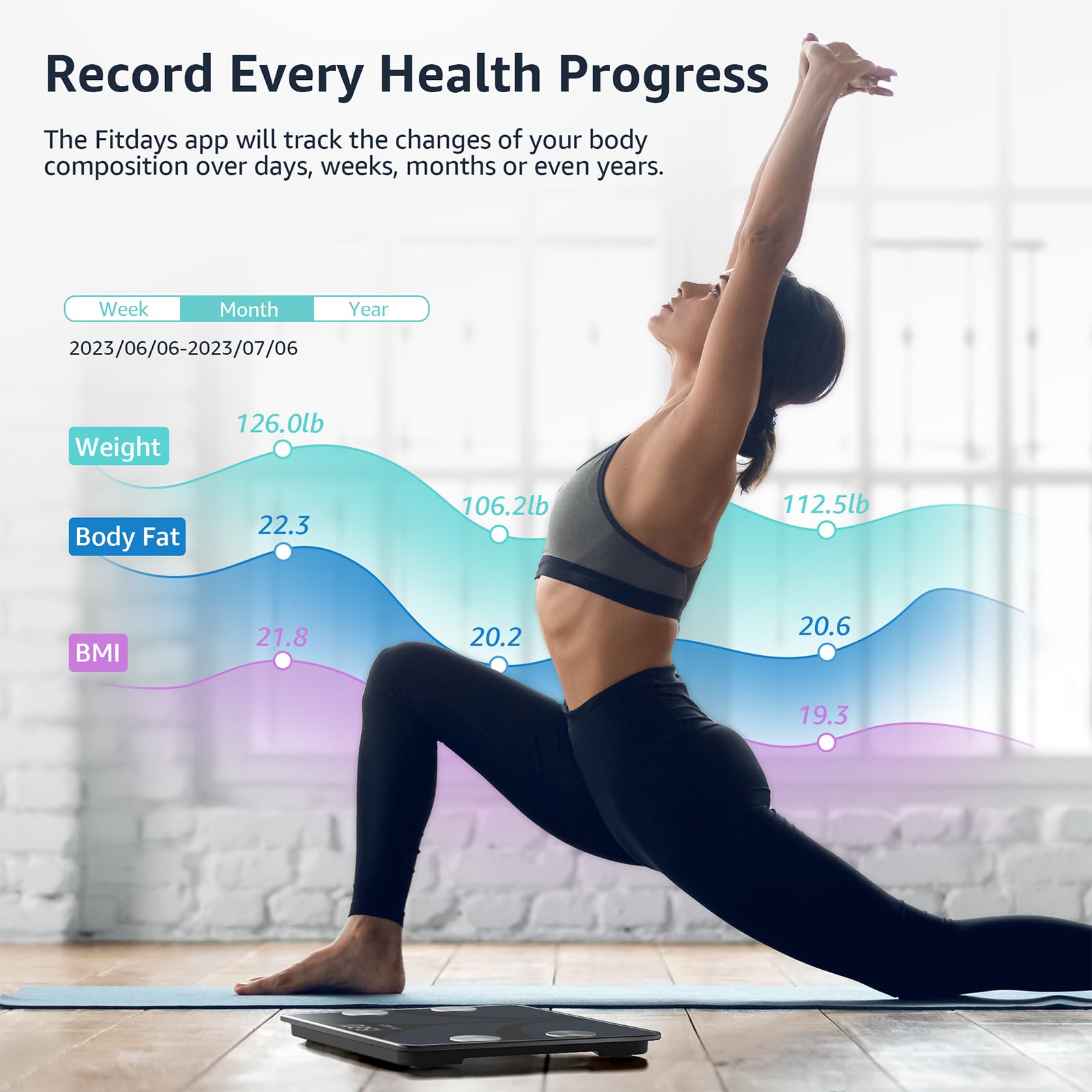 Posture scale in use with bare feet demonstrating quick step-on readings benefit