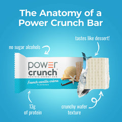 Power Crunch single unwrapped bar on table demonstrating creamy filling and portable snack