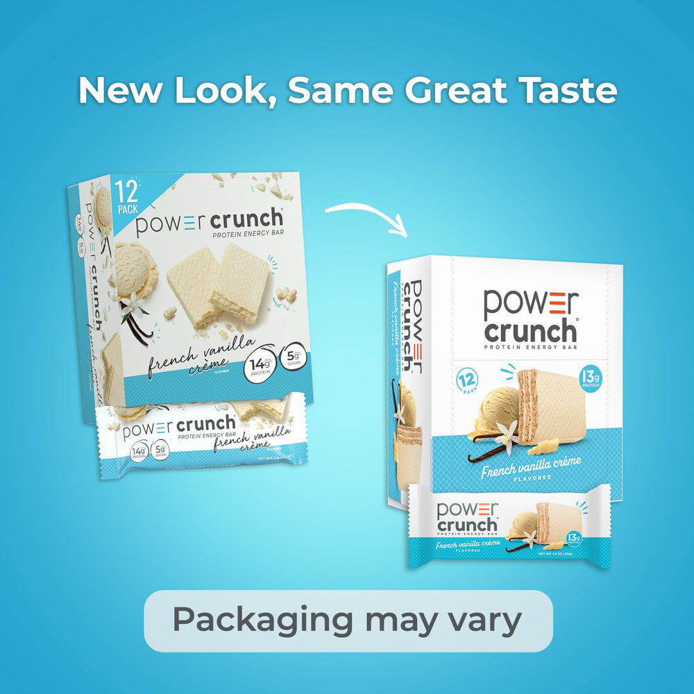 Power Crunch open box of 12 bars displaying count and grab-and-go supply