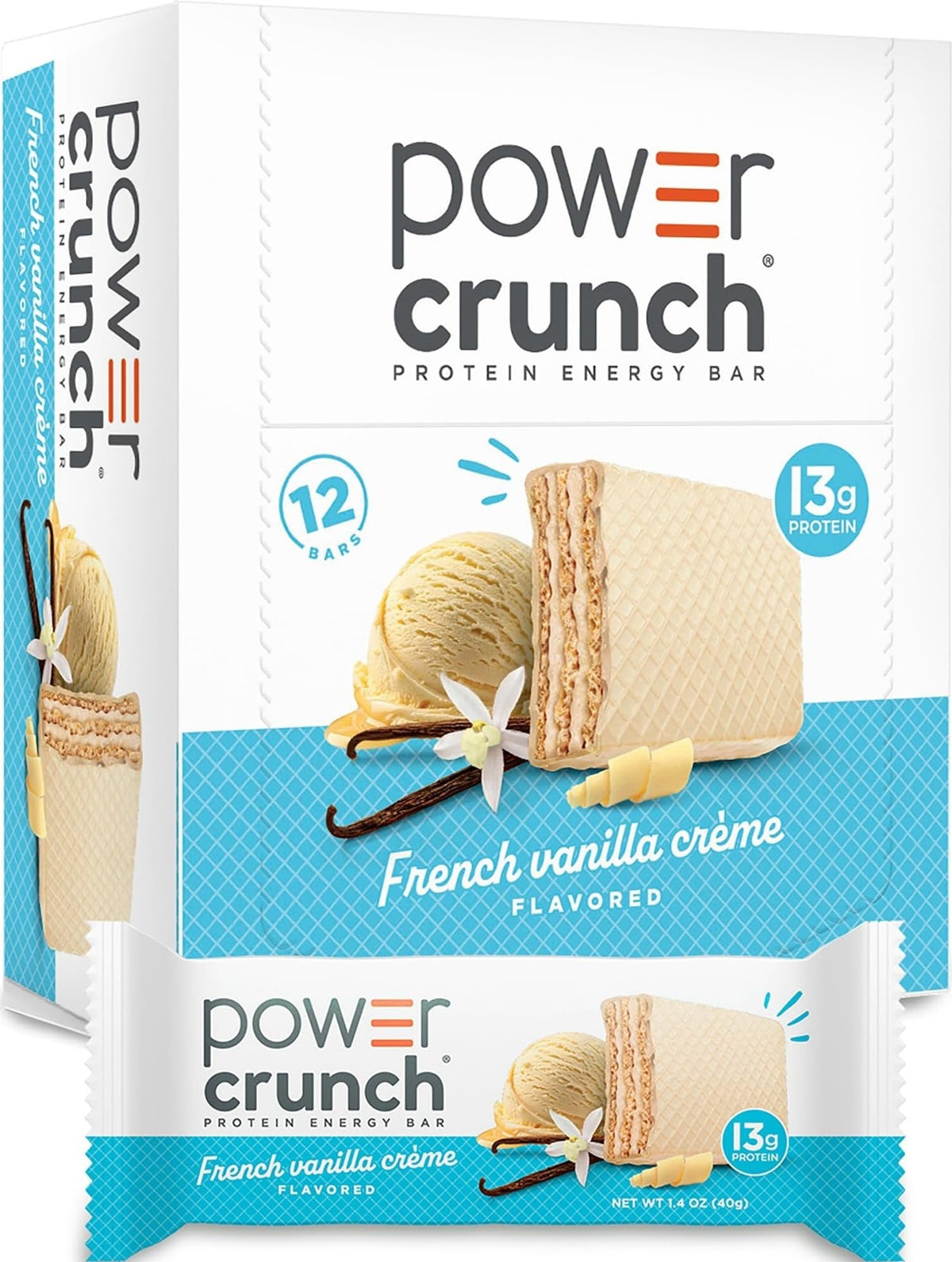 Power Crunch front packaging showing vanilla cream bars and brand benefit convenience