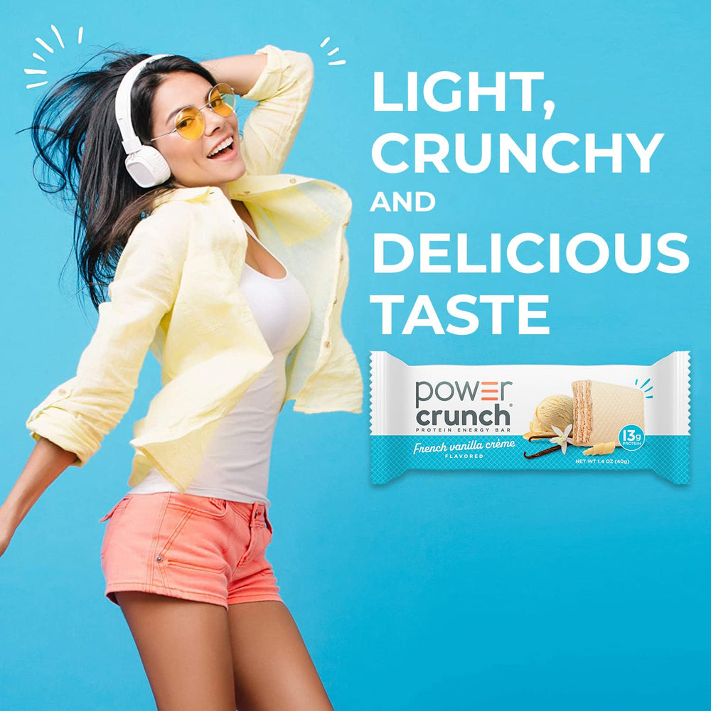 Power Crunch bar held in hand to show 1.4 oz size and on-the-go convenience