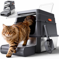 Powools front view of enclosed litter box showing sturdy construction and containment benefit