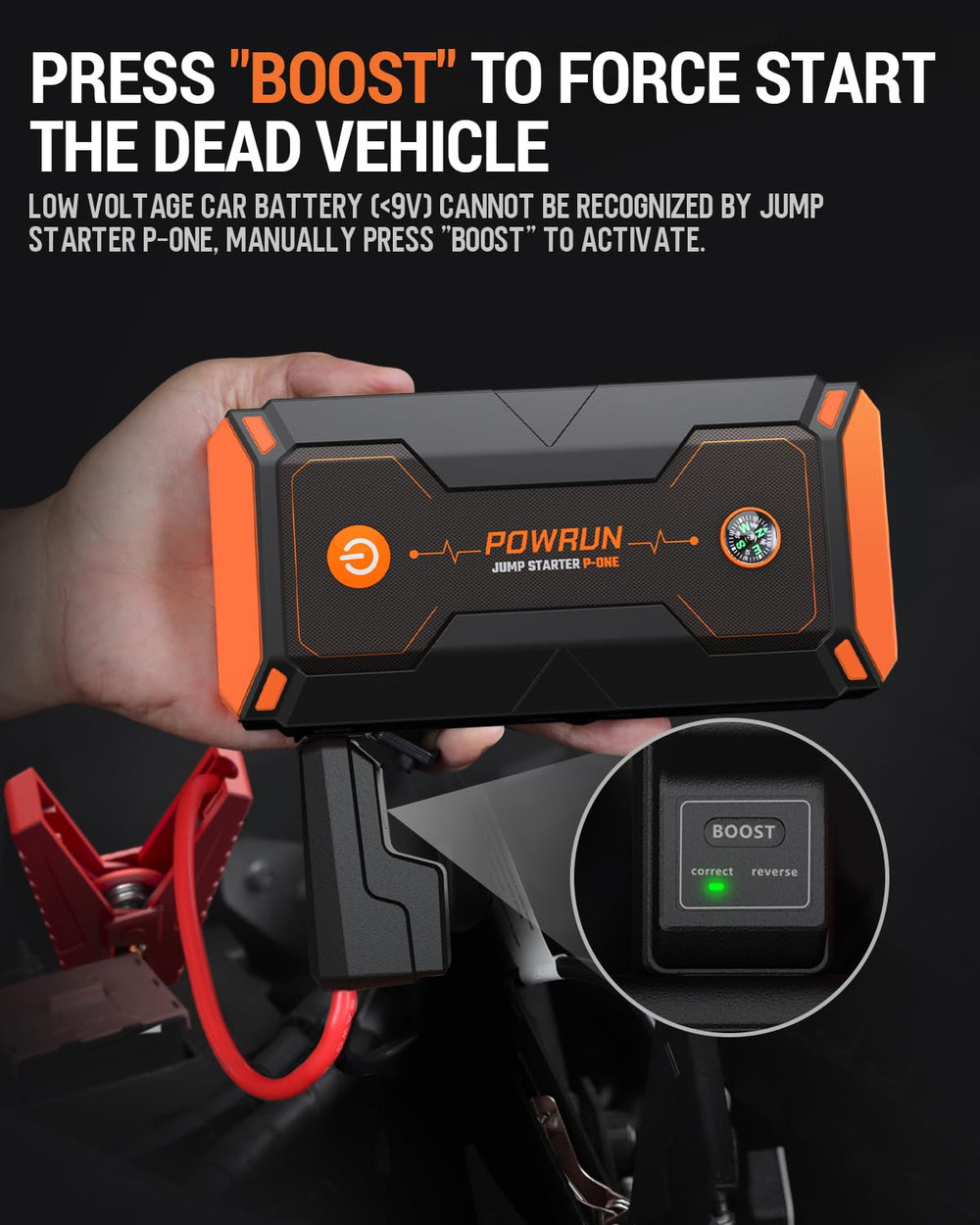 Powrun P-ONE heavy-duty jump clamps and cables connected, safe engine starting