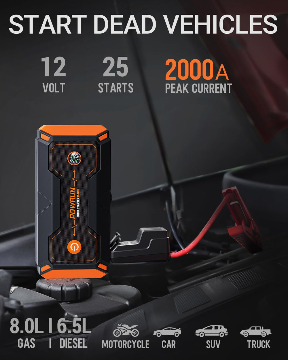 Powrun P-ONE LCD display closeup showing battery percentage, instant power status