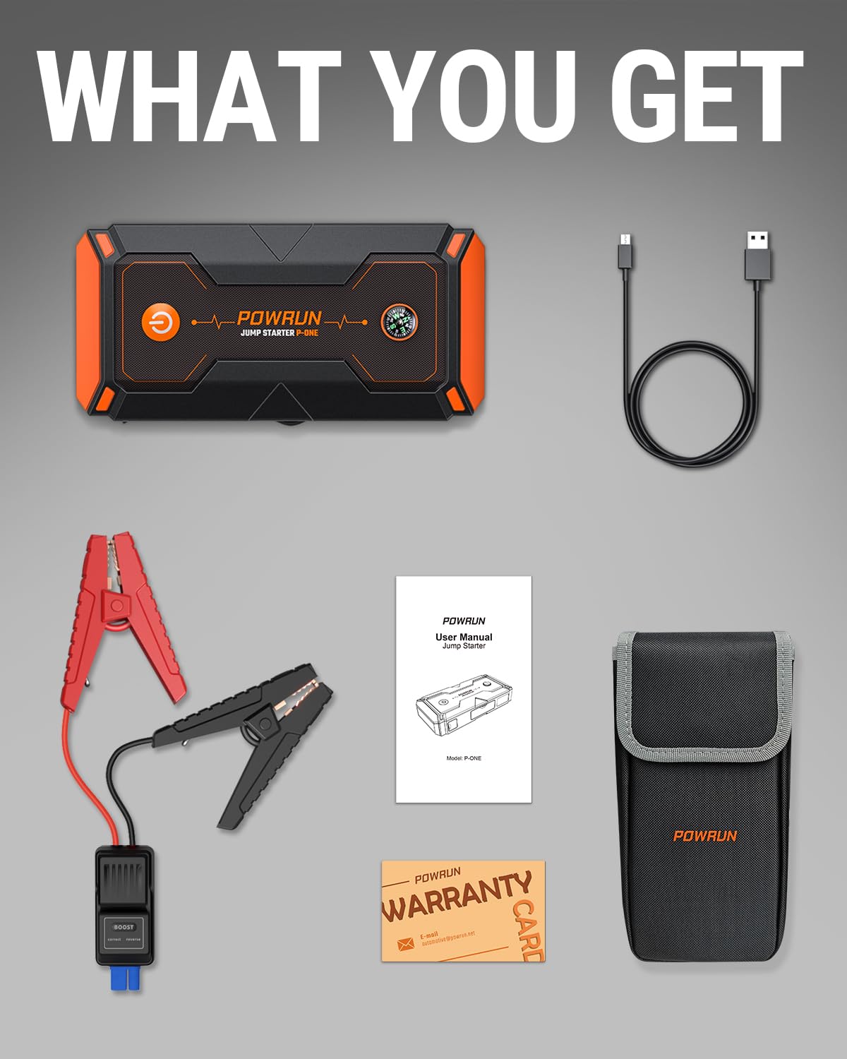 Powrun P-ONE held next to a hand for scale, compact and portable power