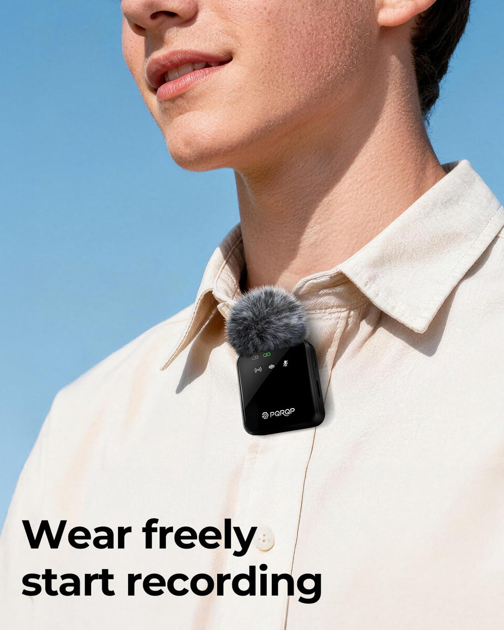 PQRQP clip-on transmitter close-up demonstrating sturdy clip and clear audio