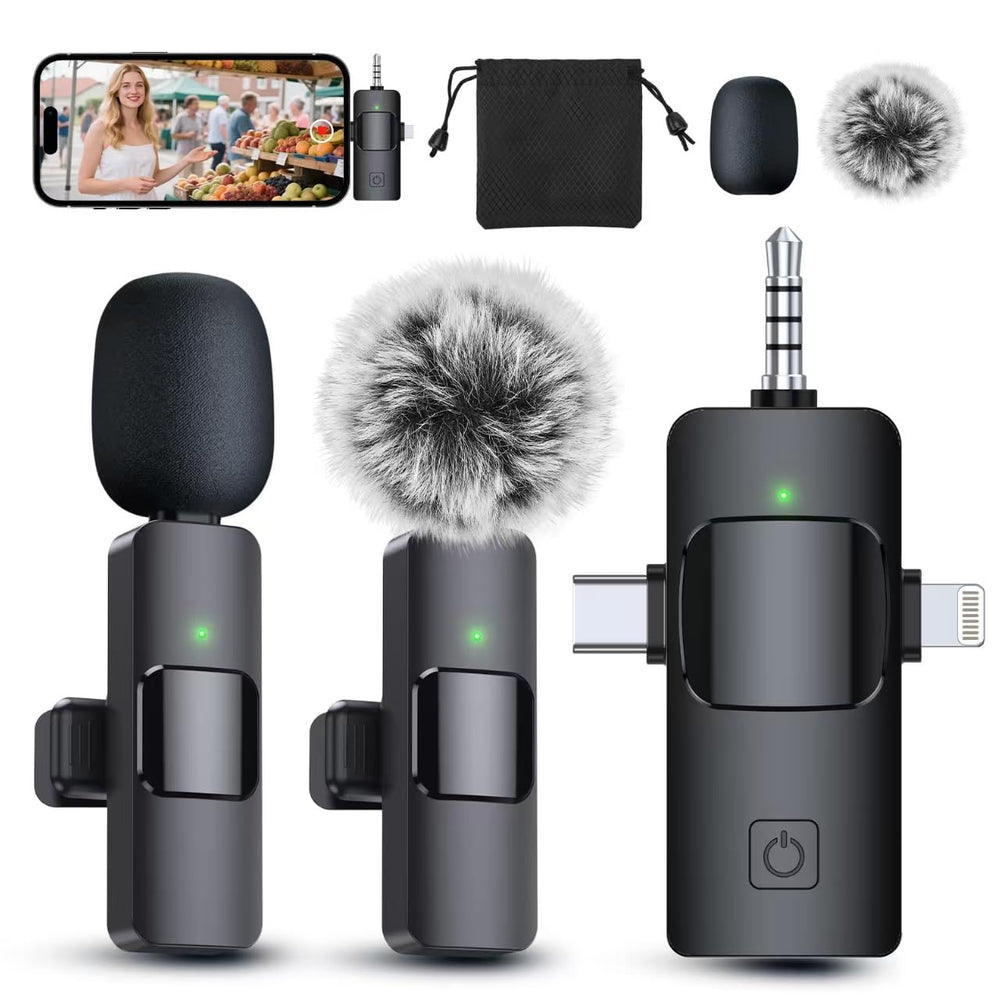 PQRQP front kit view showing compact dual wireless lavalier microphones and receiver benefit portability