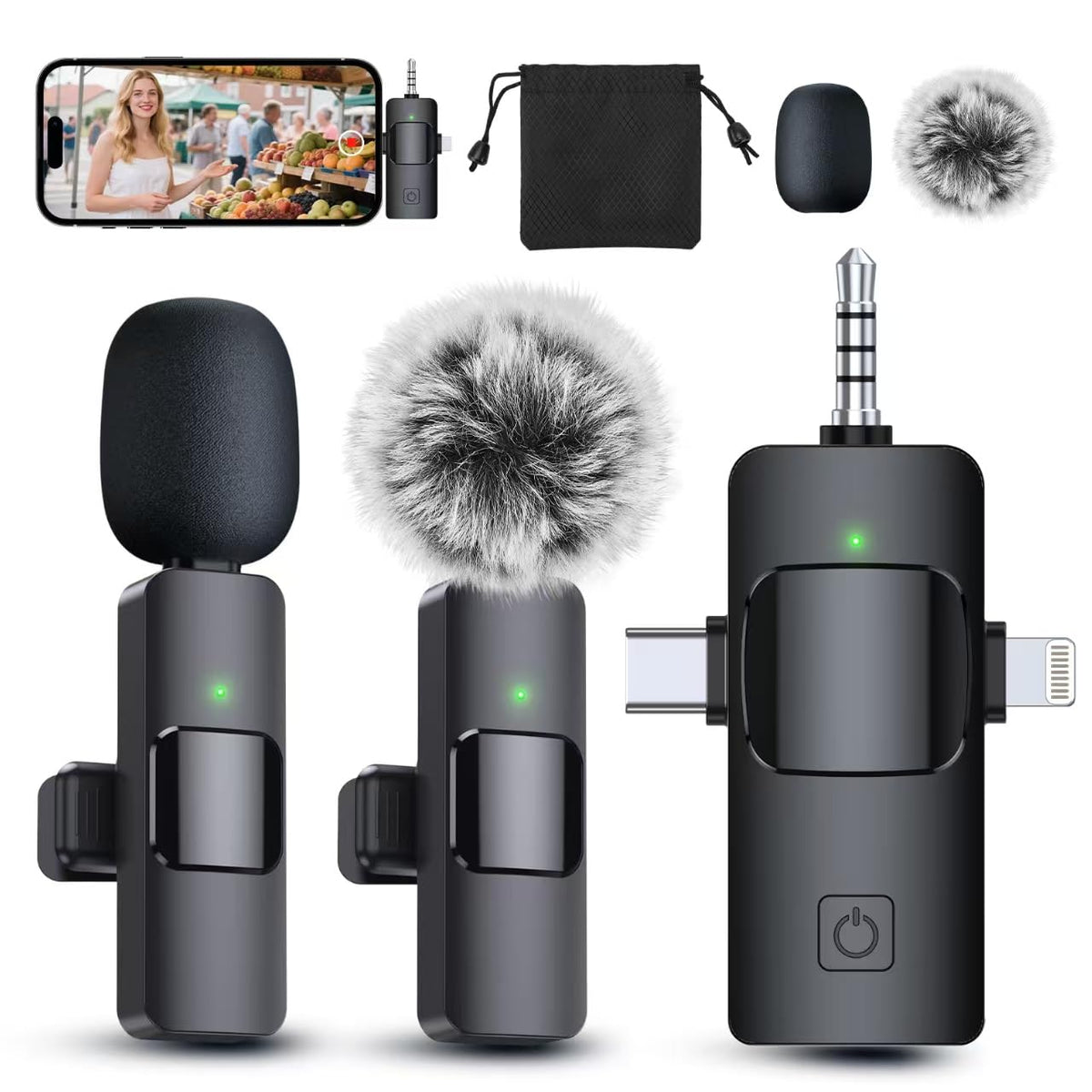 PQRQP front kit view showing compact dual wireless lavalier microphones and receiver benefit portability