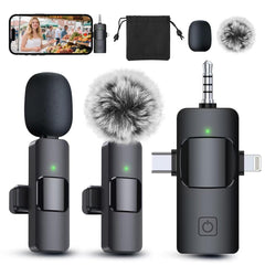 PQRQP front kit view showing compact dual wireless lavalier microphones and receiver benefit portability