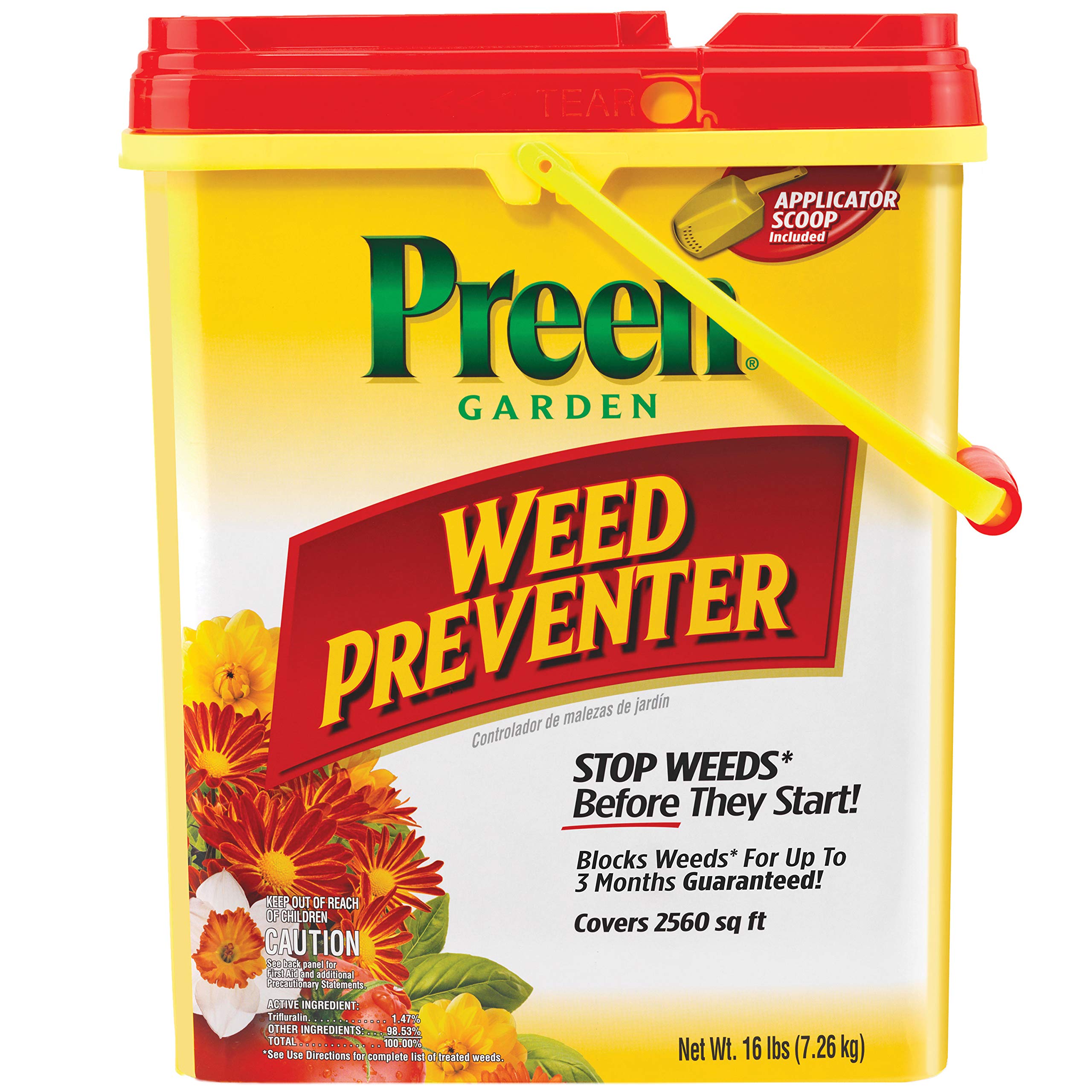 Preen drum front label showing product name and coverage benefit