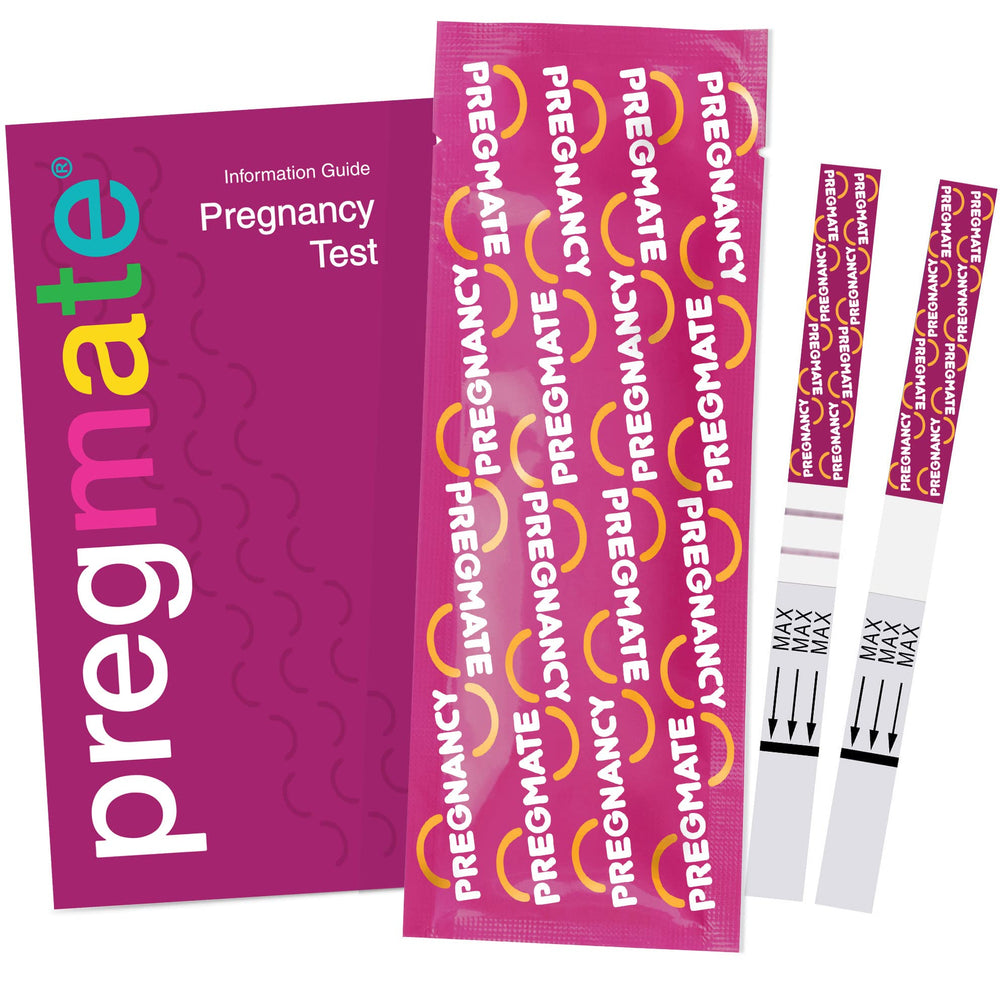 PREGMATE strip held over urine sample demonstrating straightforward testing