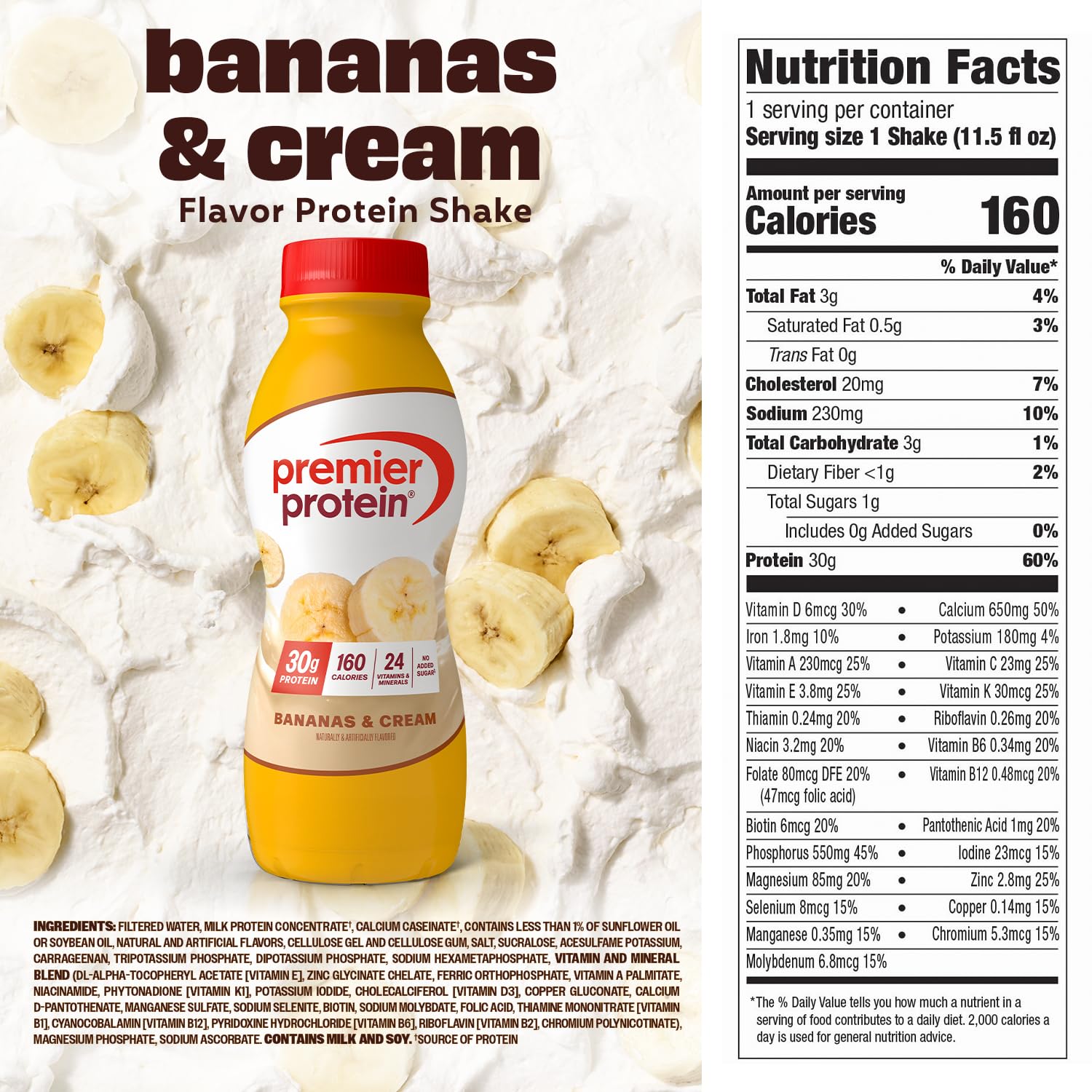 Premier Protein bottle label close-up highlighting nutrition facts and 30g protein
