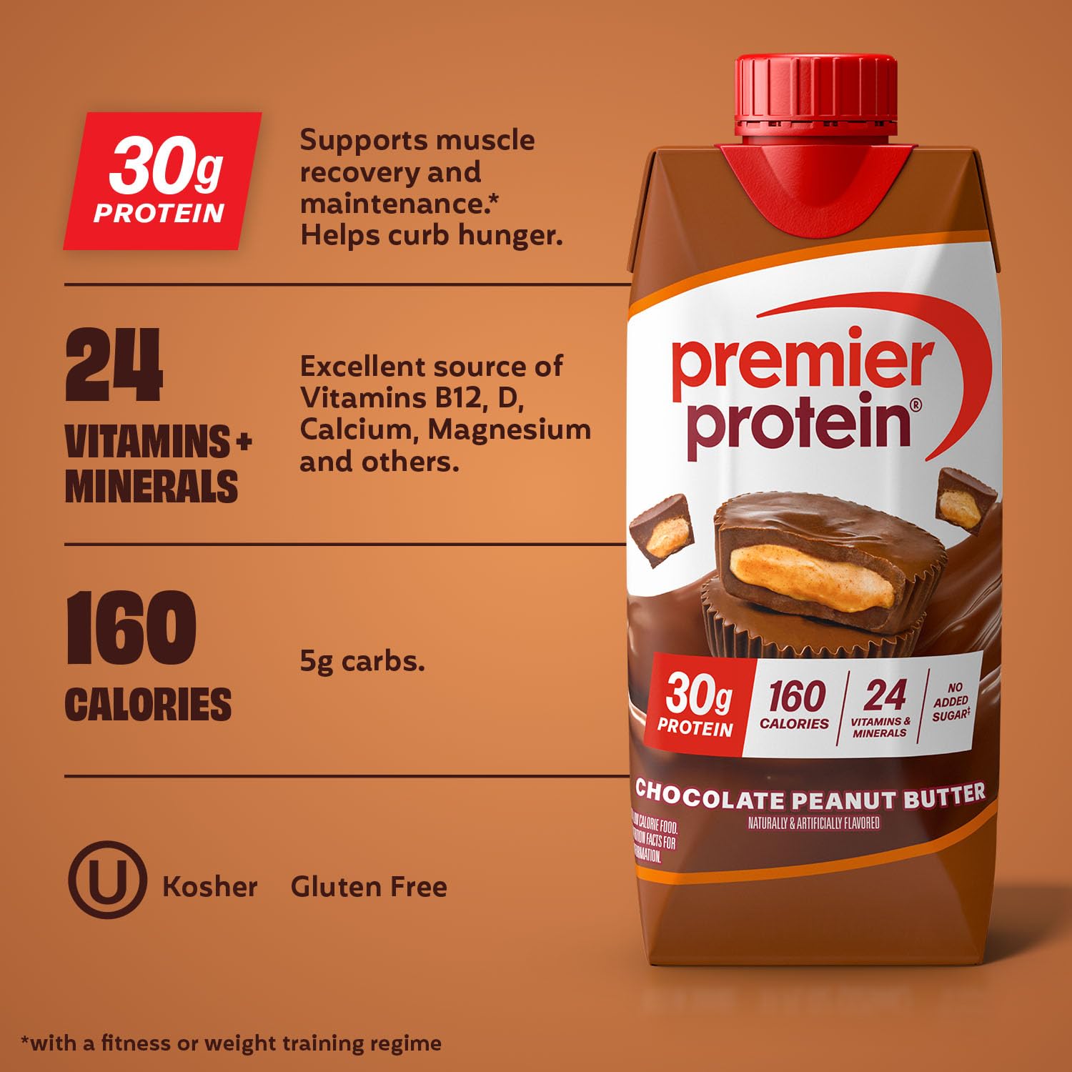 Premier Protein close-up of bottle label highlighting nutrition facts and protein