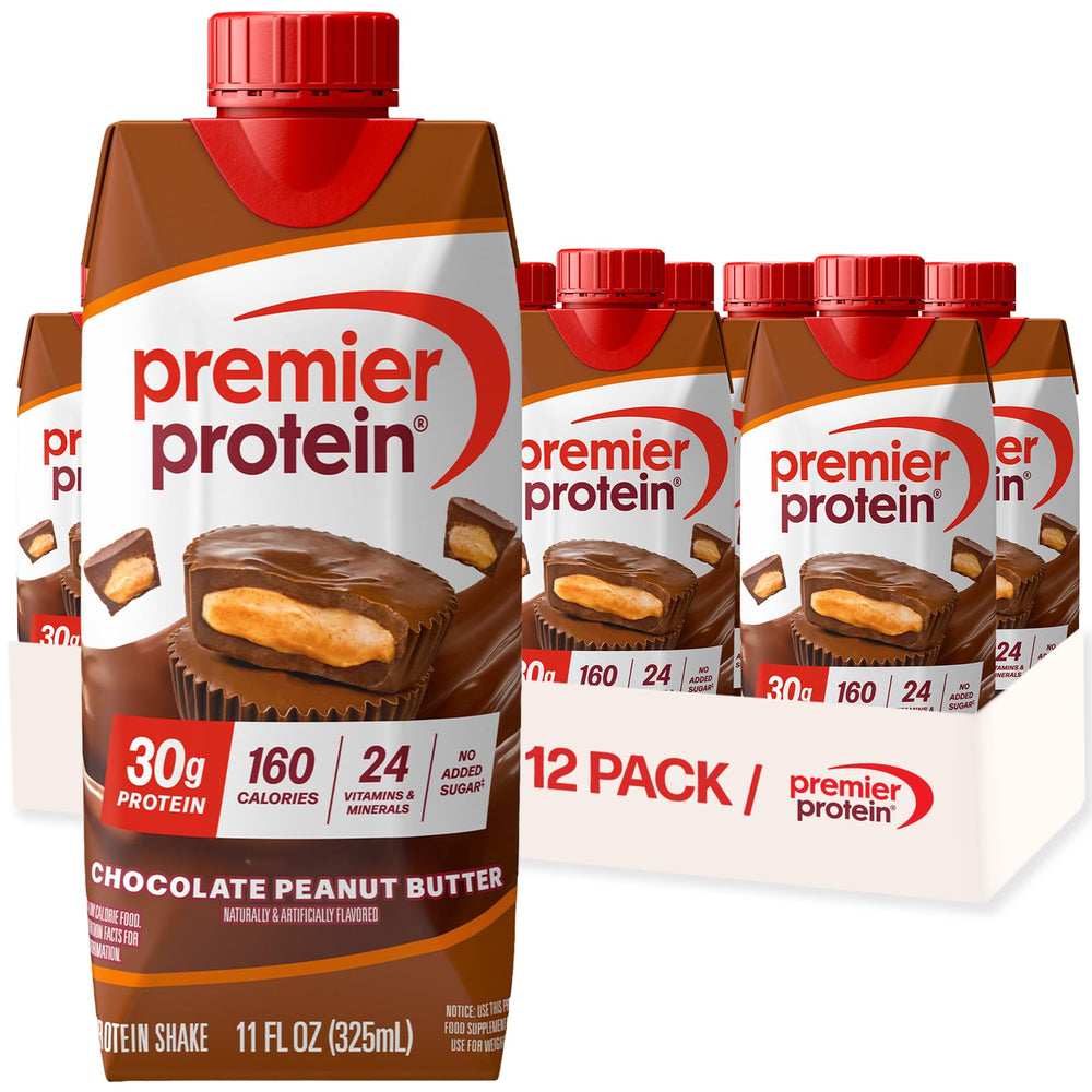 Premier Protein front package showing chocolate peanut butter flavor and benefits