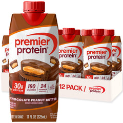 Premier Protein front package showing chocolate peanut butter flavor and benefits