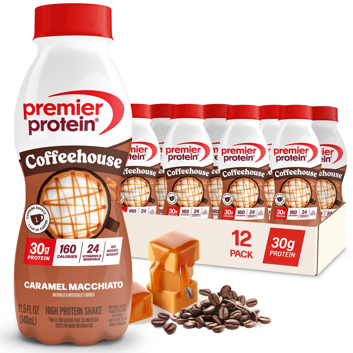 Premier Protein front packaging showing Caramel Macchiato and benefits
