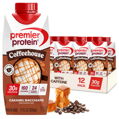 Premier Protein bottle front packaging showing Caramel Macchiato flavor and benefits