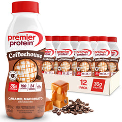 Premier Protein front packaging showing Caramel Macchiato and benefits