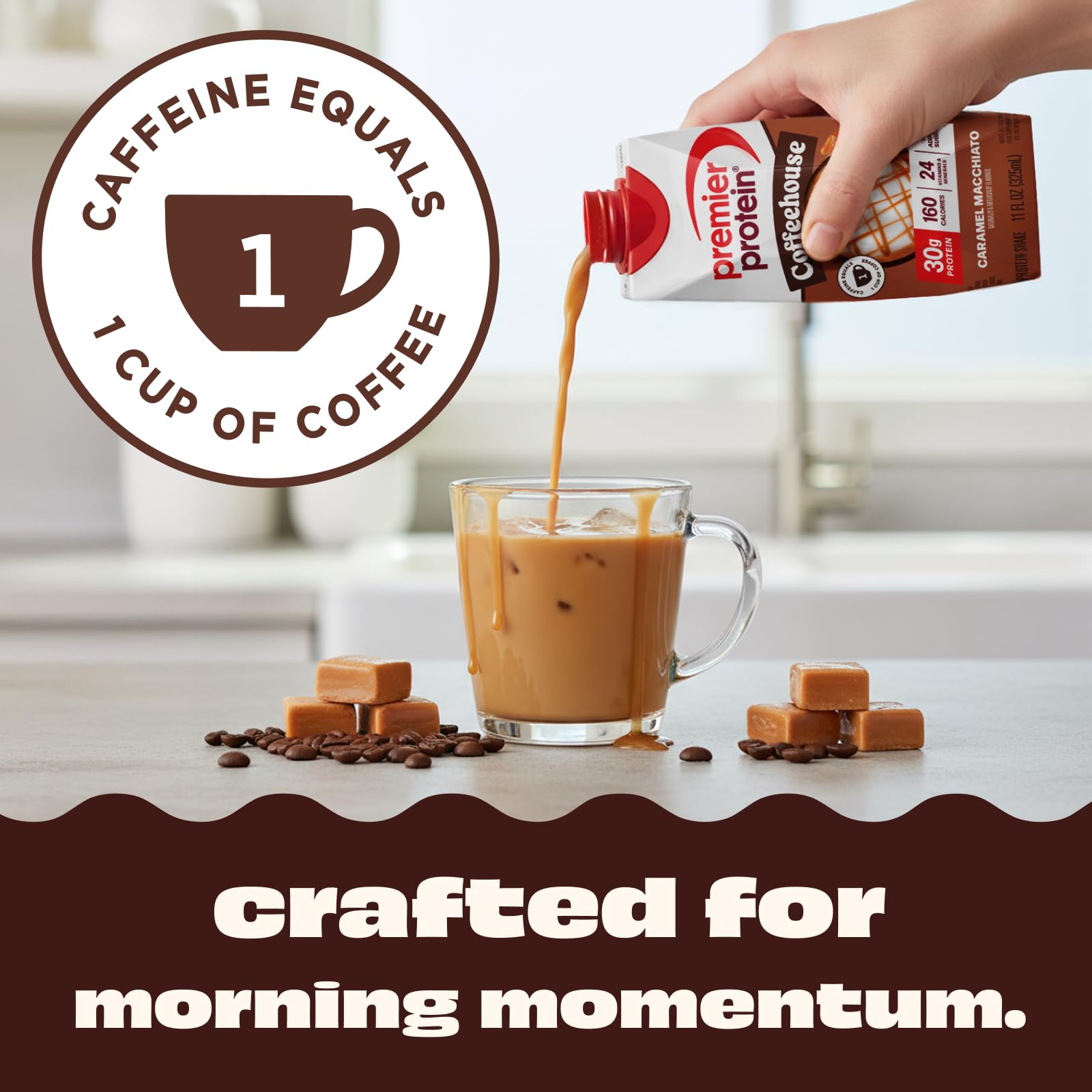 Premier Protein pouring Caramel Macchiato into glass for quick on-the-go energy