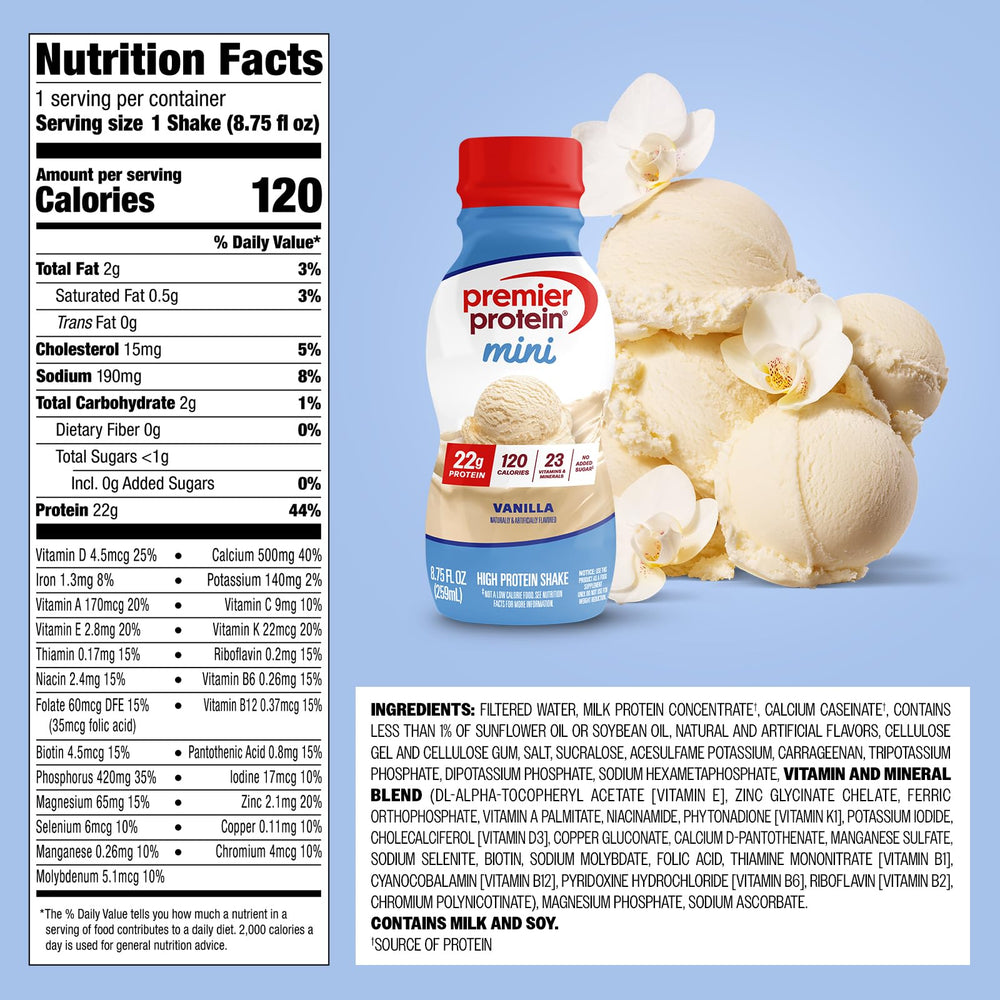 Premier Protein MINI vanilla label close-up highlighting 22g protein and low sugar