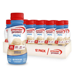 Premier Protein MINI vanilla front packaging showing convenient mini size and nutrition