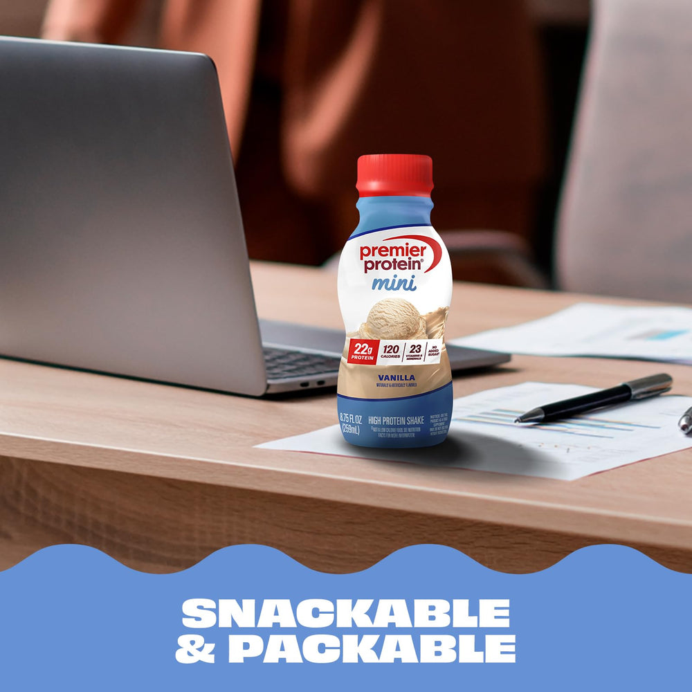 Premier Protein MINI vanilla inside gym bag demonstrating post-workout convenience