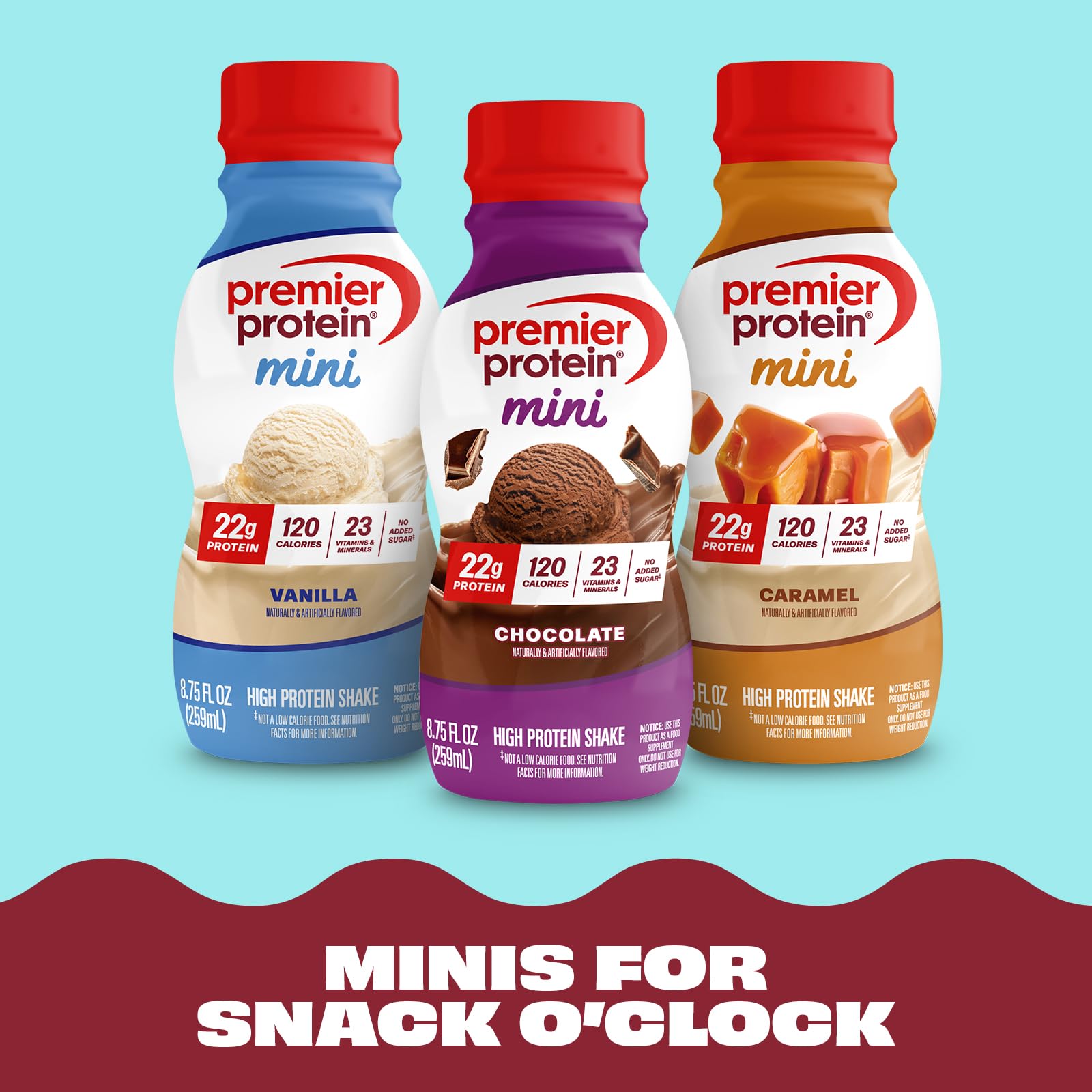 Premier Protein MINI vanilla nutrition facts label showcasing vitamins and minerals